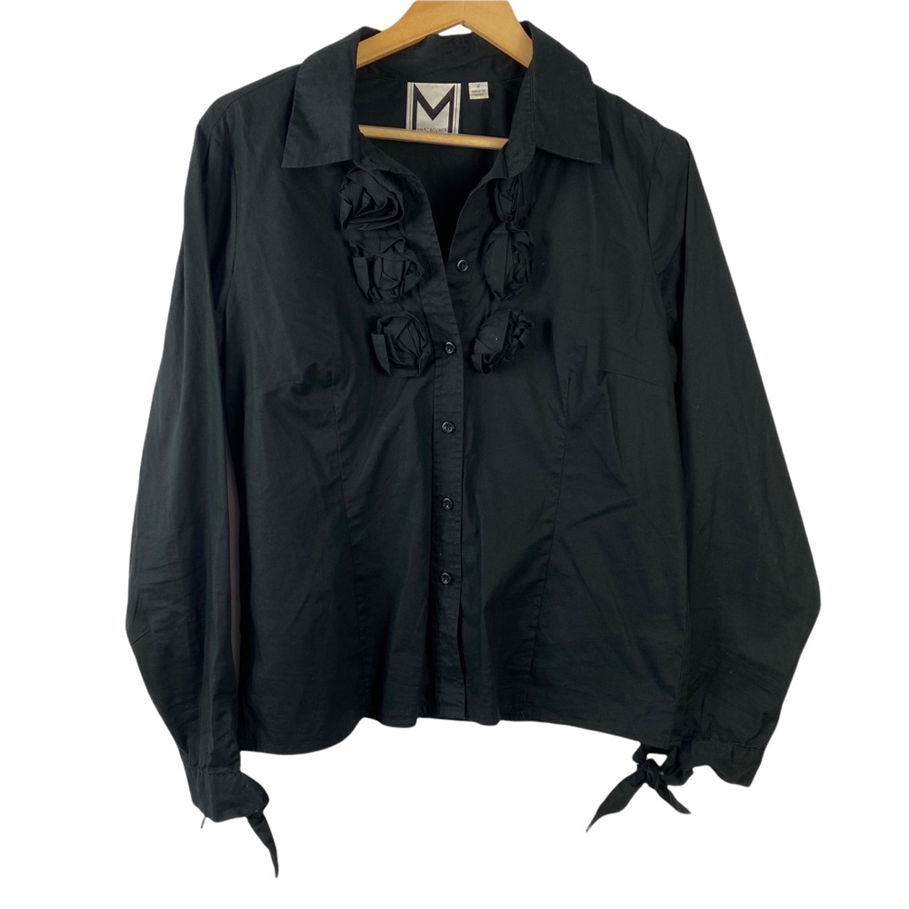 Marc Bouwer career work black shirt top ruffle long sleeve shirt M Button down